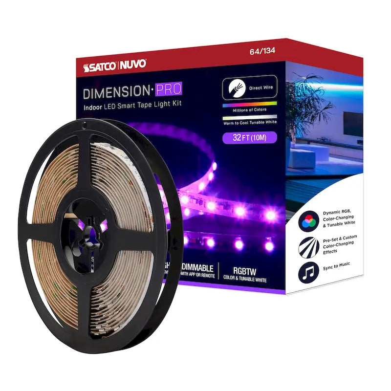 Bande lumineuse Dimension Pro Tape de 9,75 m (32 pi) à haut rendement RGB et blanc réglable. Connexion par boîtier de jonction. Compatible IoT Starfish. Télécommande infrarouge incluse.