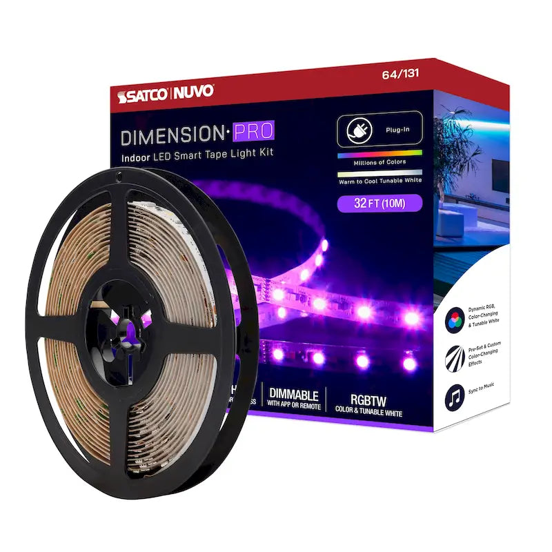 Bande lumineuse Dimension Pro Tape de 9,75 m (32 pi) à haut rendement RGB et blanc réglable. Connexion par prise. Compatible IoT. Télécommande infrarouge Starfish incluse.