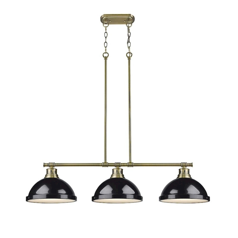 Suspension linéaire Duncan à 3 lumières en laiton vieilli avec abat-jour noirs
