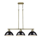 Suspension linéaire Duncan à 3 lumières en laiton vieilli avec abat-jour noirs
