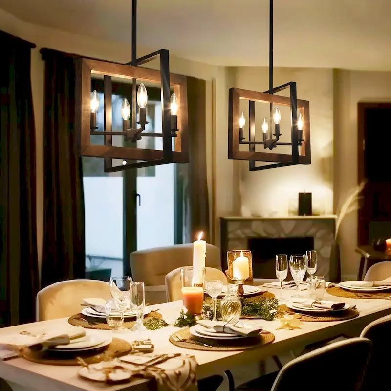 Lustre en bois à 4 lumières de style ferme grise, idéal pour un îlot de cuisine - L18 x l14,5 x H14