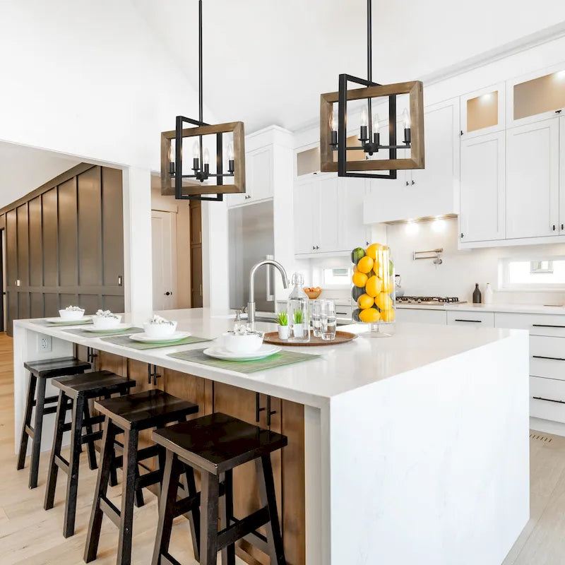 Lustre en bois à 4 lumières de style ferme grise, idéal pour un îlot de cuisine - L18 x l14,5 x H14