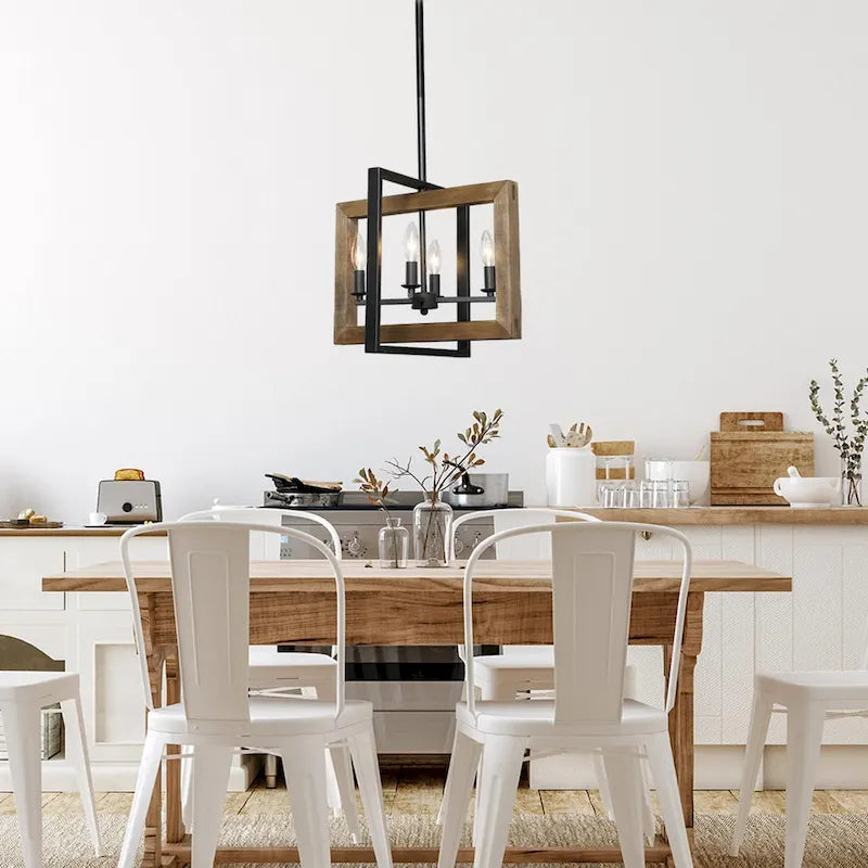 Lustre en bois à 4 lumières de style ferme grise, idéal pour un îlot de cuisine - L18 x l14,5 x H14