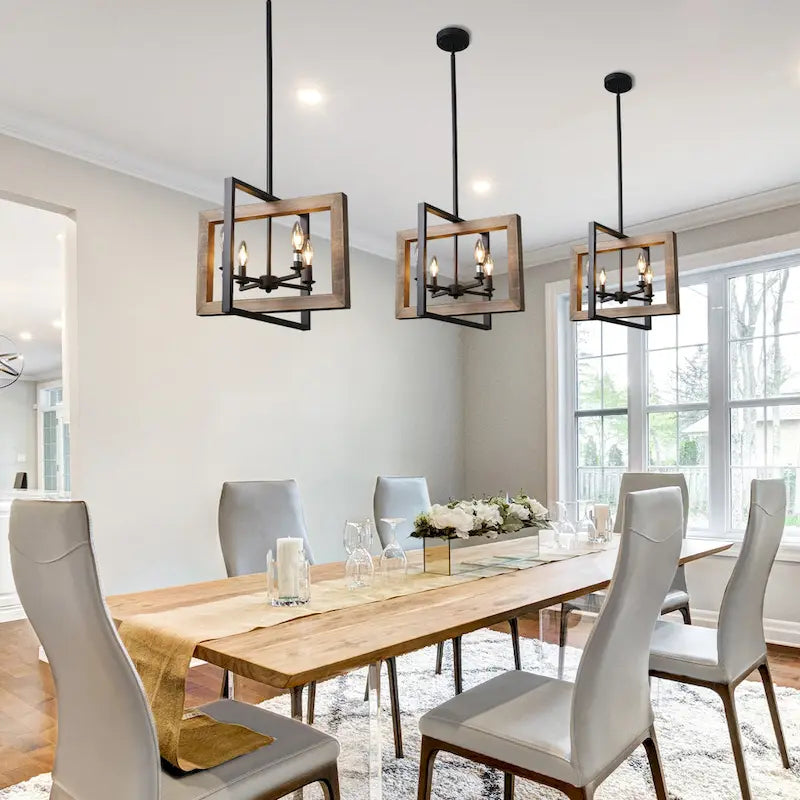 Lustre en bois à 4 lumières de style ferme grise, idéal pour un îlot de cuisine - L18 x l14,5 x H14