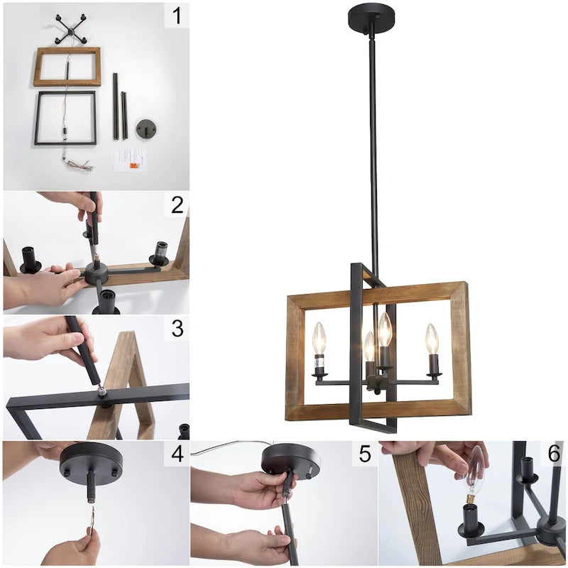 Lustre en bois à 4 lumières de style ferme grise, idéal pour un îlot de cuisine - L18 x l14,5 x H14