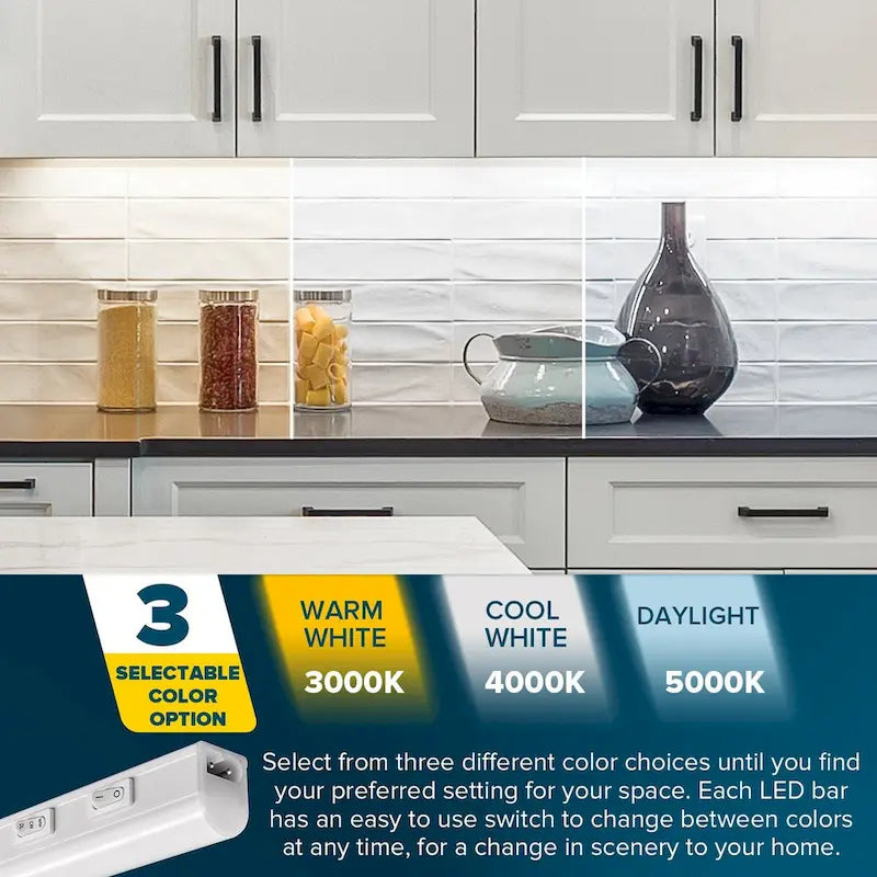 Kit d'éclairage LED sous meuble Sunperian, 12 prises 30 W connectables, 3 options de couleur (3000 K/4000 K/5000 K), résistant à l'humidité