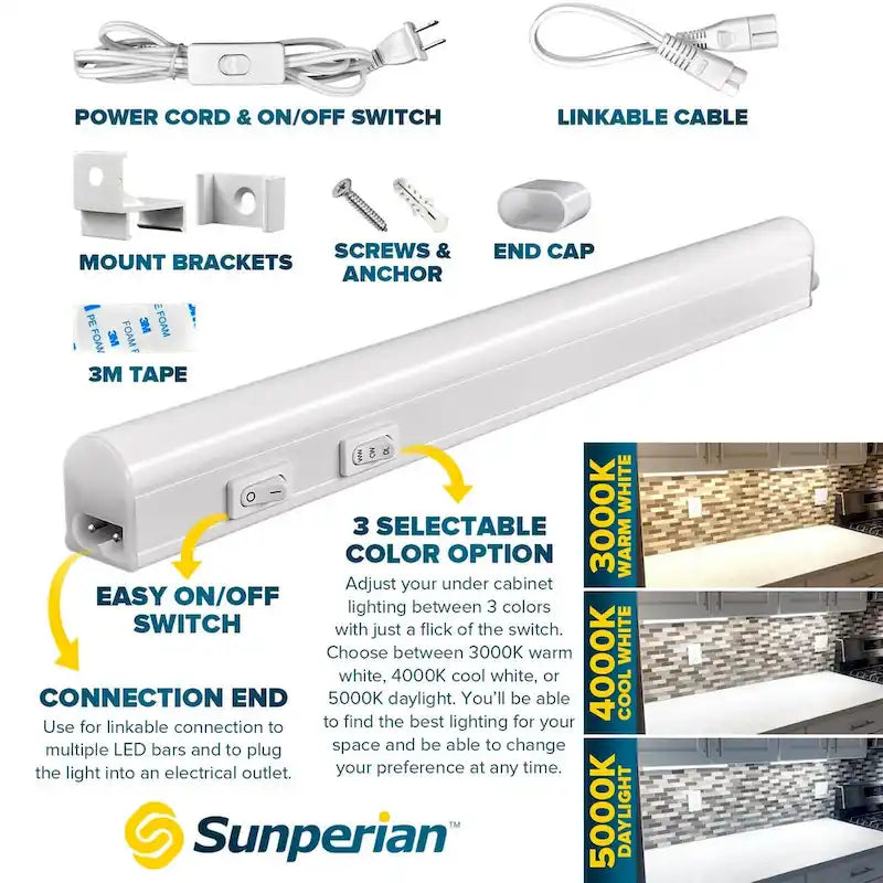 Kit d'éclairage LED sous meuble Sunperian, 12 prises 30 W connectables, 3 options de couleur (3000 K/4000 K/5000 K), résistant à l'humidité