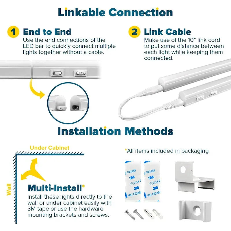 Kit d'éclairage LED sous meuble Sunperian, 12 prises 30 W connectables, 3 options de couleur (3000 K/4000 K/5000 K), résistant à l'humidité