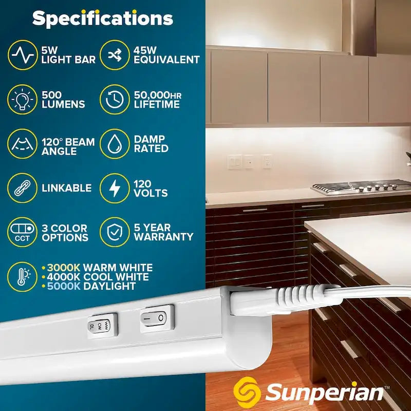 Kit d'éclairage LED sous meuble Sunperian, 12 prises 30 W connectables, 3 options de couleur (3000 K/4000 K/5000 K), résistant à l'humidité