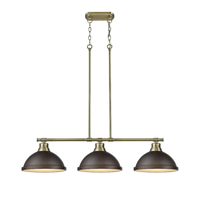 Suspension linéaire Duncan à 3 lumières en laiton vieilli avec abat-jour en bronze frotté