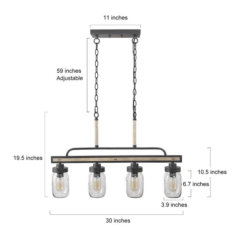 Lustre moderne de style ferme à 3/4 lumières en verre Mason Jar pour îlot de cuisine