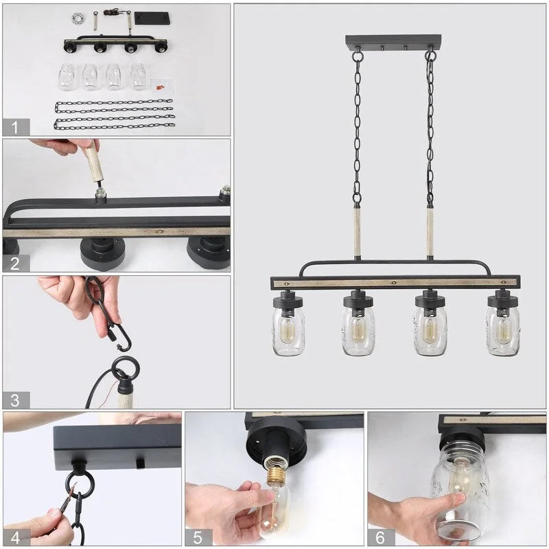 Lustre moderne de style ferme à 3/4 lumières en verre Mason Jar pour îlot de cuisine