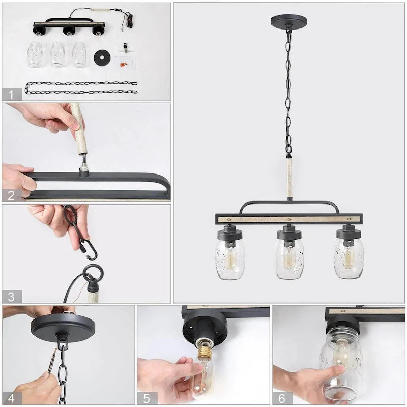 Lustre moderne de style ferme à 3/4 lumières en verre Mason Jar pour îlot de cuisine