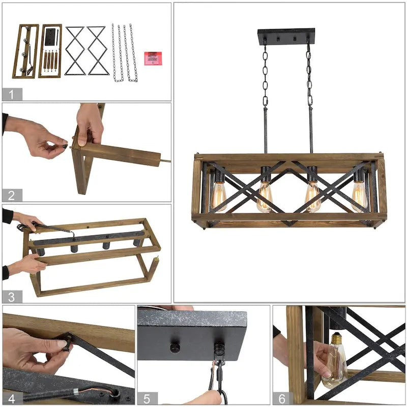 Lustre linéaire en bois à 4 lumières, style ferme moderne, pour îlot de cuisine ou salle à manger - L 27,5 x l 10 x H 10