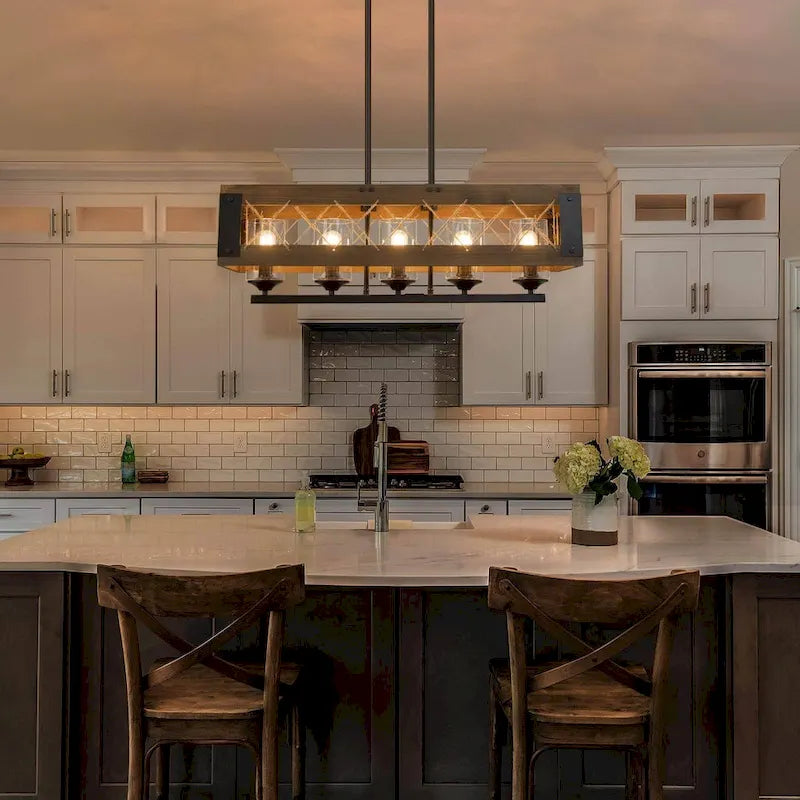 Farmhouse 5-Light Wood Chandelier Rustic Kitchen Island Lights for Dining Room - W31.9  X E10.6  X H10.2 