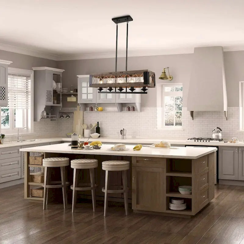 Lustre rustique en bois à 5 lumières, style ferme, pour îlot de cuisine ou salle à manger - L 31,9 x D 10,6 x H 10,2