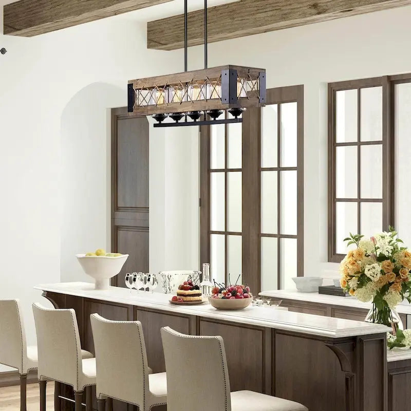 Lustre rustique en bois à 5 lumières, style ferme, pour îlot de cuisine ou salle à manger - L 31,9 x D 10,6 x H 10,2