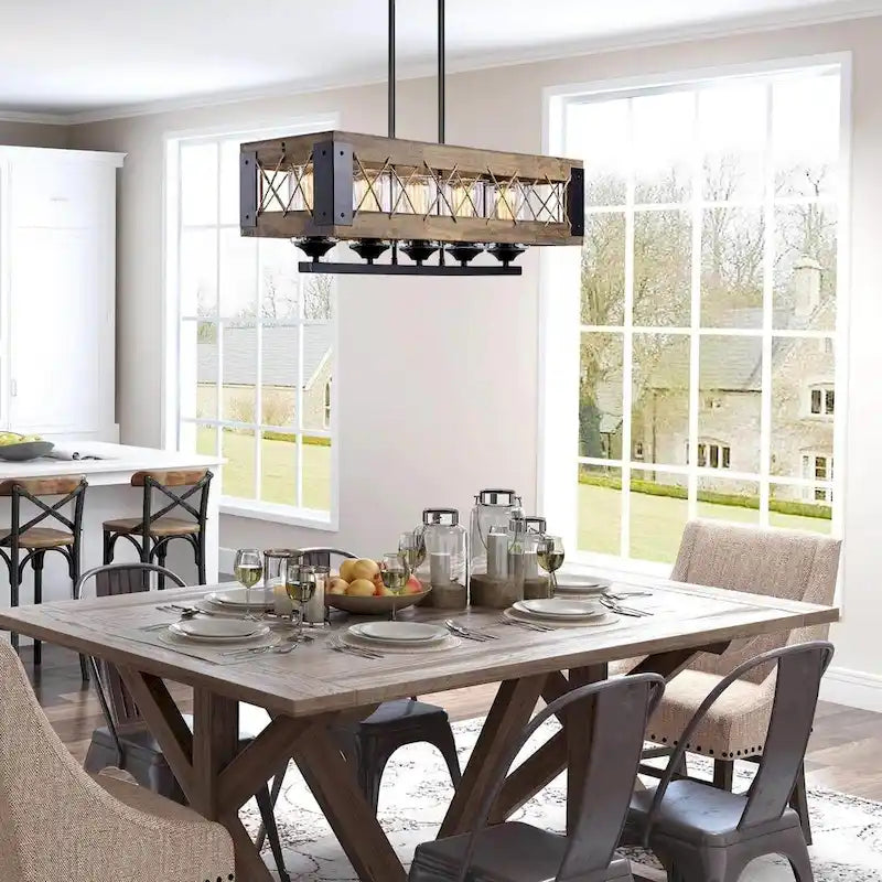 Lustre rustique en bois à 5 lumières, style ferme, pour îlot de cuisine ou salle à manger - L 31,9 x D 10,6 x H 10,2