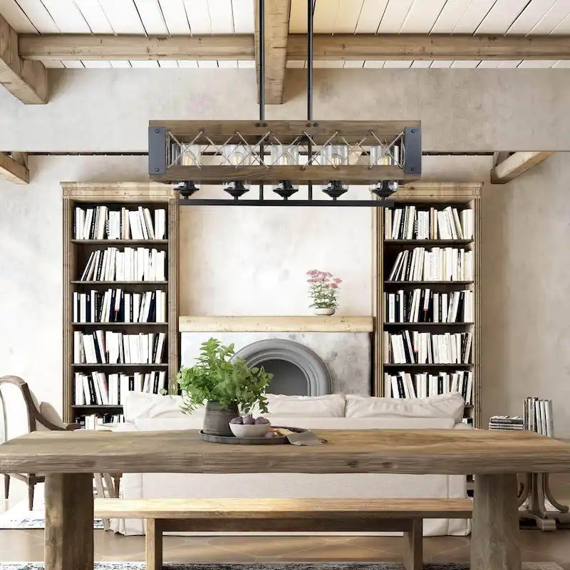 Lustre rustique en bois à 5 lumières, style ferme, pour îlot de cuisine ou salle à manger - L 31,9 x D 10,6 x H 10,2