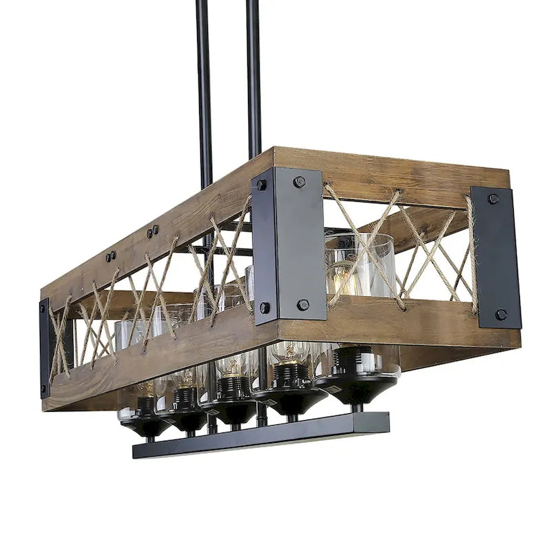 Lustre rustique en bois à 5 lumières, style ferme, pour îlot de cuisine ou salle à manger - L 31,9 x D 10,6 x H 10,2