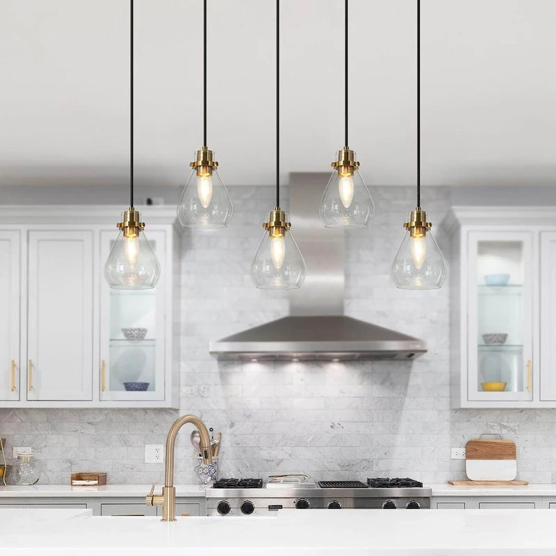 Lustre suspendu linéaire en verre en forme de larme à 5 lumières de style moderne du milieu du siècle, style Malury, pour îlot de cuisine