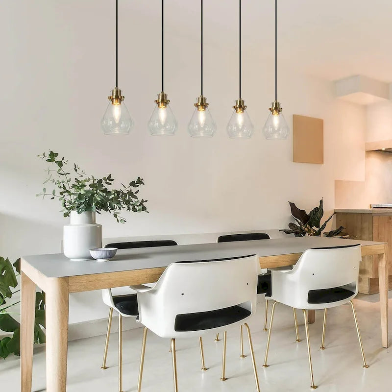 Lustre suspendu linéaire en verre en forme de larme à 5 lumières de style moderne du milieu du siècle, style Malury, pour îlot de cuisine