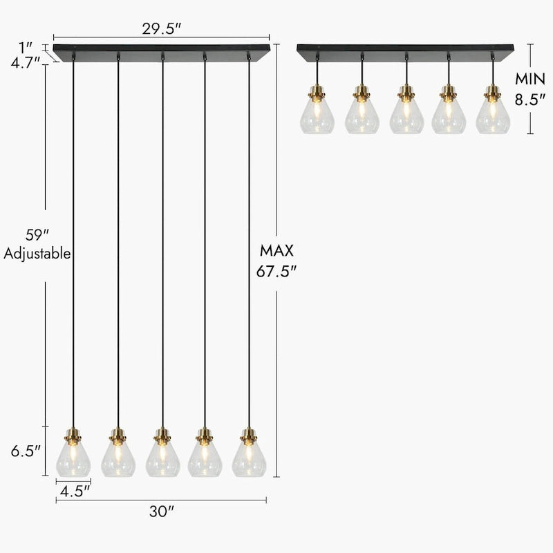 Lustre suspendu linéaire en verre en forme de larme à 5 lumières de style moderne du milieu du siècle, style Malury, pour îlot de cuisine