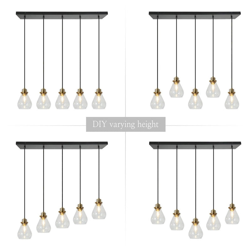 Lustre suspendu linéaire en verre en forme de larme à 5 lumières de style moderne du milieu du siècle, style Malury, pour îlot de cuisine