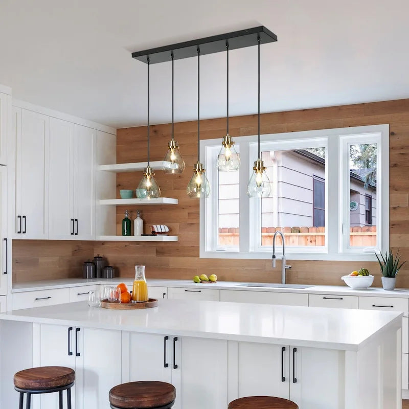 Lustre suspendu linéaire en verre en forme de larme à 5 lumières de style moderne du milieu du siècle, style Malury, pour îlot de cuisine