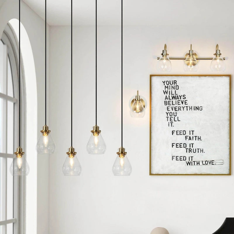 Lustre suspendu linéaire en verre en forme de larme à 5 lumières de style moderne du milieu du siècle, style Malury, pour îlot de cuisine