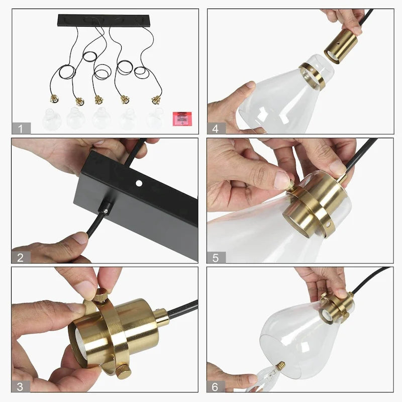 Lustre suspendu linéaire en verre en forme de larme à 5 lumières de style moderne du milieu du siècle, style Malury, pour îlot de cuisine