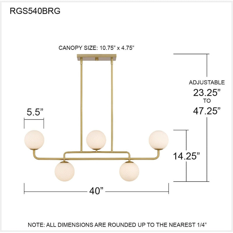 Luminaire îlot Regis à 5 lumières, finition or brossé