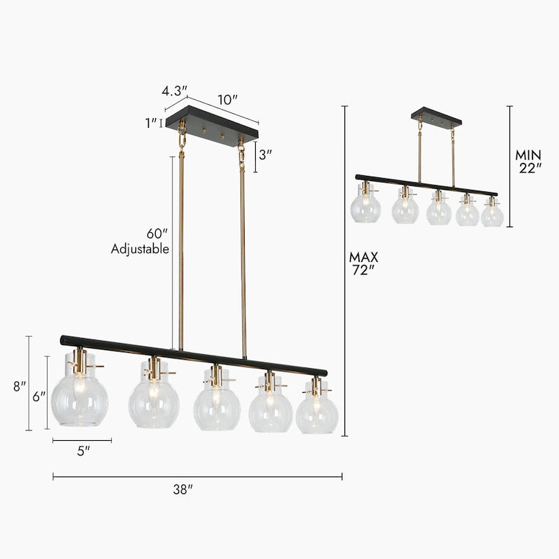 Lustre linéaire moderne de style ferme, noir et or, 5 lumières, 96,5 cm (L) x 12,7 cm (l) x 20,3 cm (H)