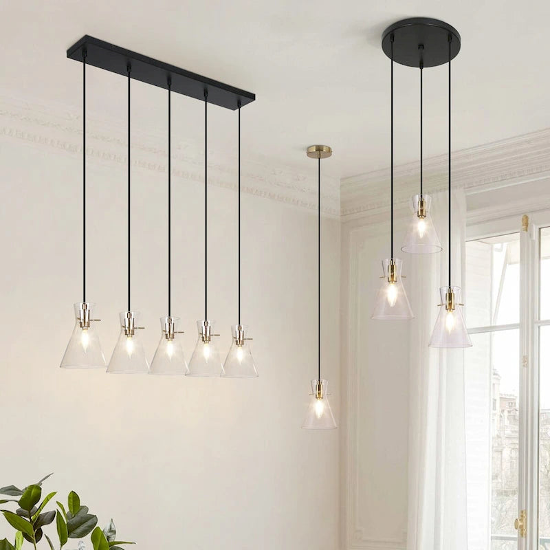 Lustre linéaire réglable Liniya de style ferme moderne avec suspension en verre conique à bulles pour îlot de cuisine