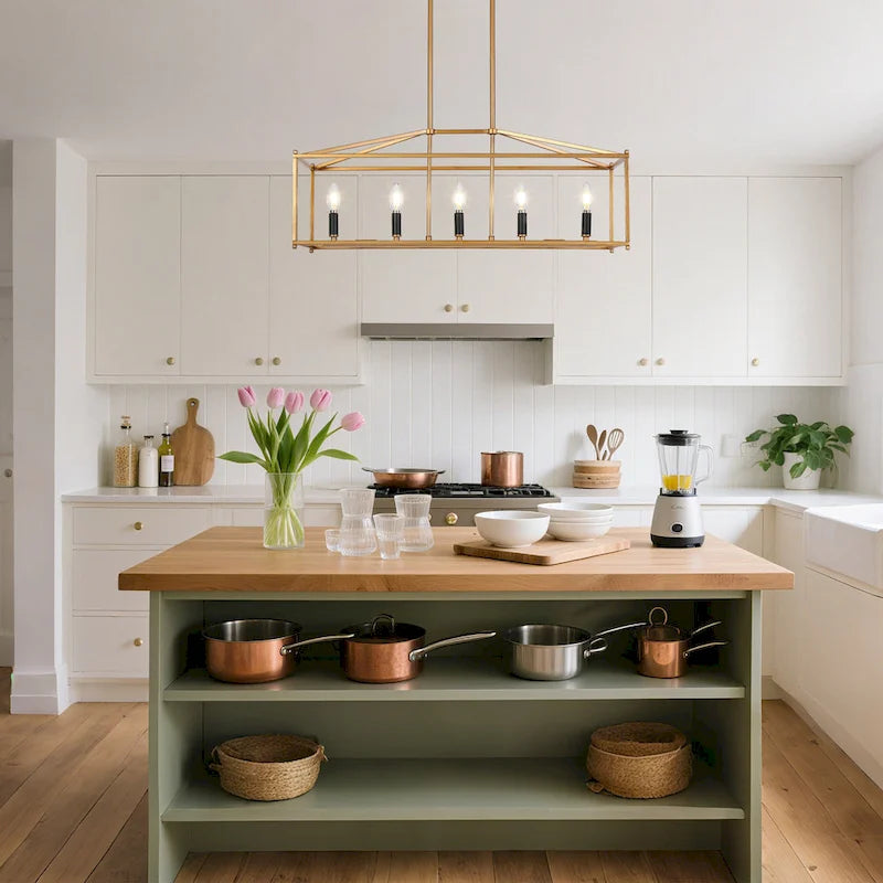 Lustre rectangulaire moderne doré à 5 lumières Dilley pour îlot de cuisine - L30 x l10,2 x H12