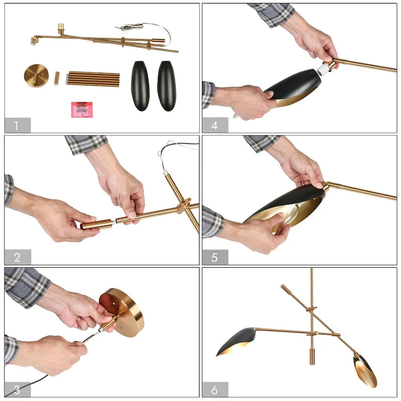 Lustre linéaire moderne unique à 2 lumières, noir et or, en métal, pour îlot de salle à manger - L 58 x l 4,4 x H 14