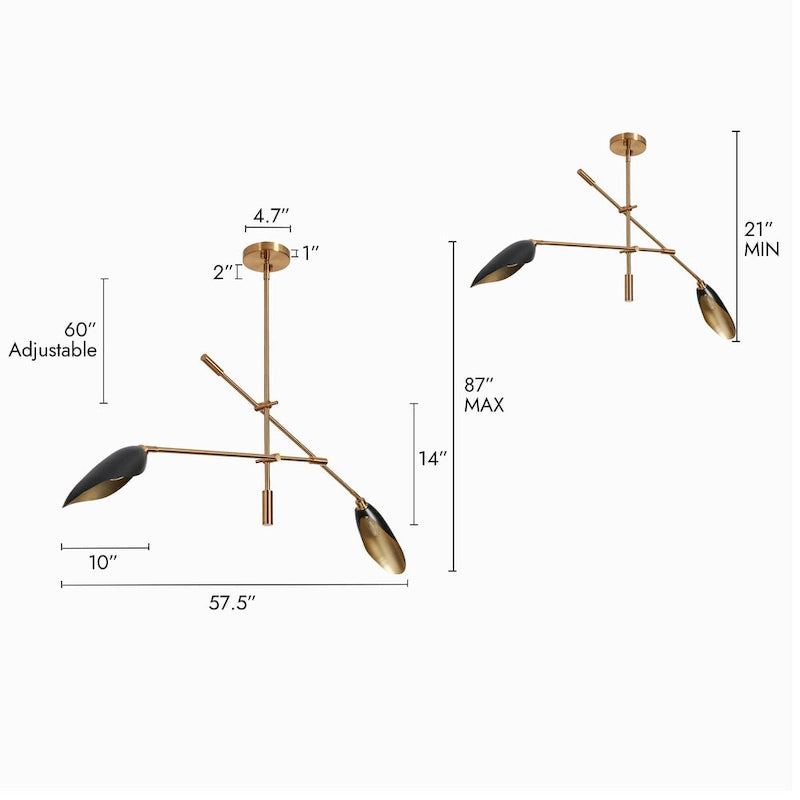 Lustre linéaire moderne unique à 2 lumières, noir et or, en métal, pour îlot de salle à manger - L 58 x l 4,4 x H 14