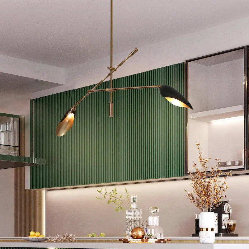 Lustre linéaire moderne unique à 2 lumières, noir et or, en métal, pour îlot de salle à manger - L 58 x l 4,4 x H 14