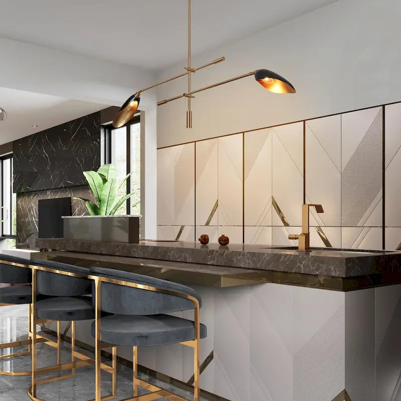 Lustre linéaire moderne unique à 2 lumières, noir et or, en métal, pour îlot de salle à manger - L 58 x l 4,4 x H 14