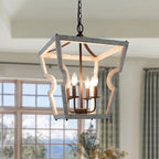 Lustre tambour en bois à 4 lumières de style campagnard, suspension géométrique en forme de cage, pour entrée - D 16 x H 82