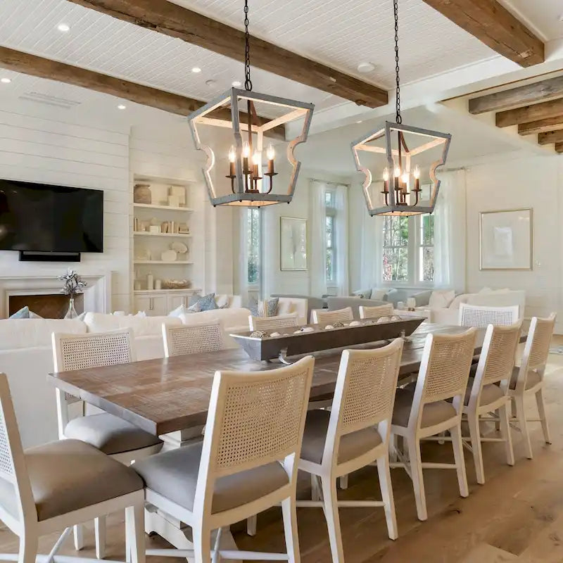 Lustre tambour en bois à 4 lumières de style campagnard, suspension géométrique en forme de cage, pour entrée - D 16 x H 82