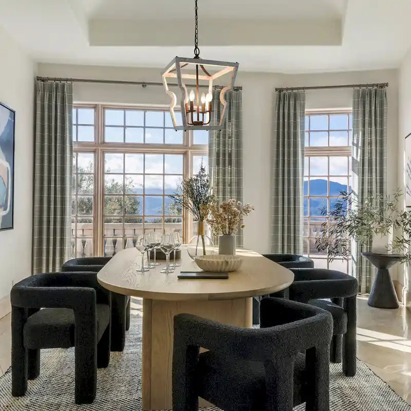 Lustre tambour en bois à 4 lumières de style campagnard, suspension géométrique en forme de cage, pour entrée - D 16 x H 82