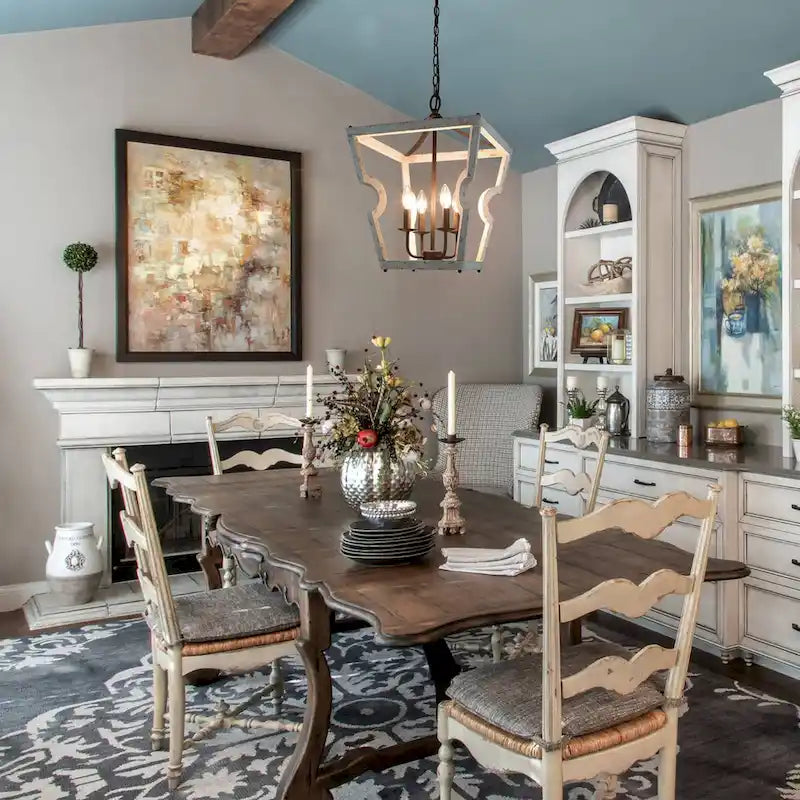 Lustre tambour en bois à 4 lumières de style campagnard, suspension géométrique en forme de cage, pour entrée - D 16 x H 82