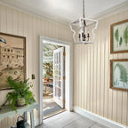 Lustre tambour en bois à 4 lumières de style campagnard, suspension géométrique en forme de cage, pour entrée - D 16 x H 82