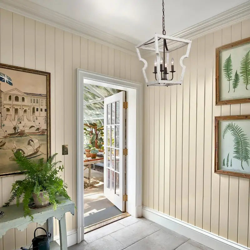 Lustre tambour en bois à 4 lumières de style campagnard, suspension géométrique en forme de cage, pour entrée - D 16 x H 82