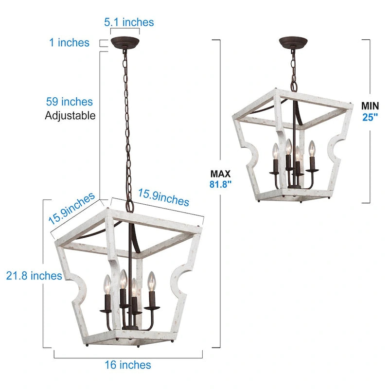Lustre tambour en bois à 4 lumières de style campagnard, suspension géométrique en forme de cage, pour entrée - D 16 x H 82