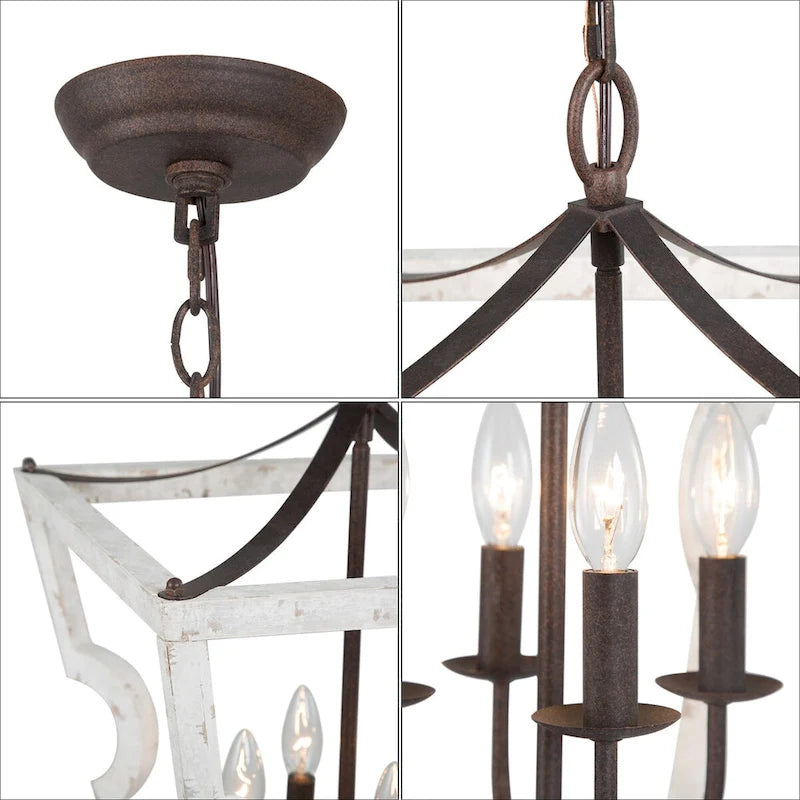 Lustre tambour en bois à 4 lumières de style campagnard, suspension géométrique en forme de cage, pour entrée - D 16 x H 82