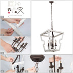 Lustre tambour en bois à 4 lumières de style campagnard, suspension géométrique en forme de cage, pour entrée - D 16 x H 82