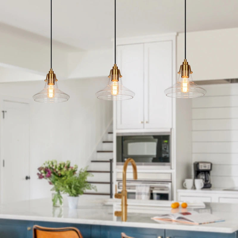 Modern Farmhouse 1-Light Black Gold Cone Shaped Glass Pendant Light for kitchen Island - 8.5  D x 8  H