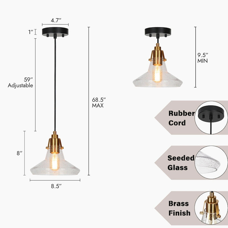 Suspension moderne de style ferme, 1 lumière, en verre conique noir et or, pour îlot de cuisine - 8,5 cm de diamètre x 8 cm de hauteur